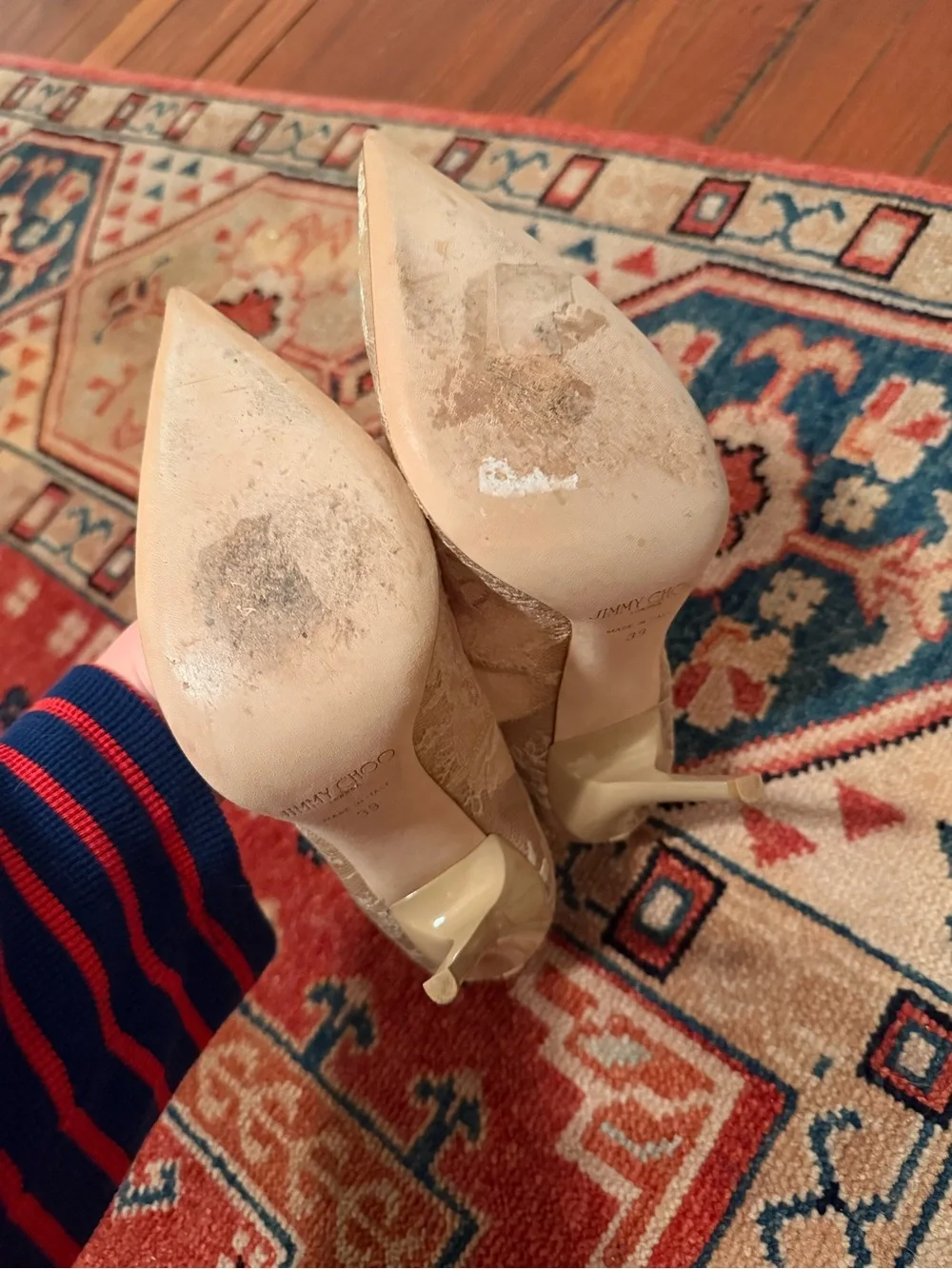 CONSIGNED Jimmy Choo Beige Lace Pointed-Toe Pumps with Floral Overlay